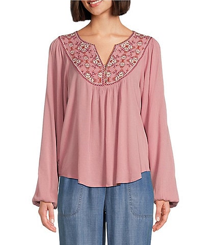 Nurture by Westbound Woven Embroidered V-Neck Long Sleeve Blouse