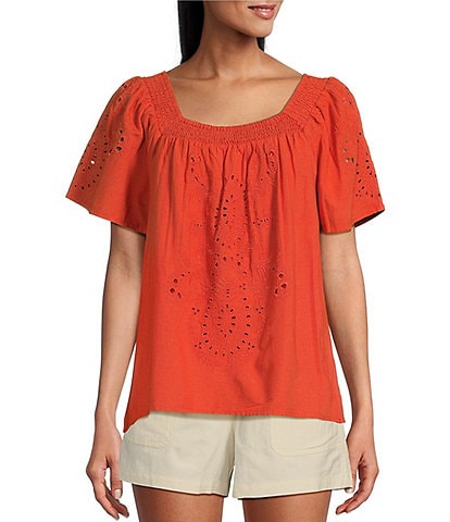 Nurture by Westbound Woven Eyelet Embroidered Short Flutter Sleeve Square Neck Top