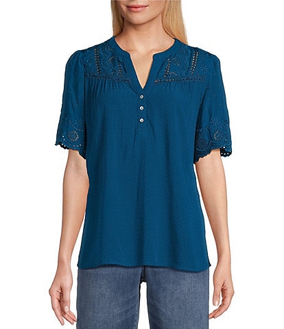 Nurture by Westbound Woven Eyelet Embroidered Short Sleeve Scalloped Hem Henley Top