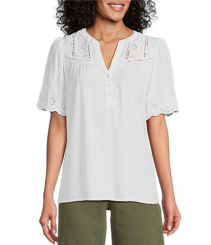 Nurture by Westbound Woven Eyelet Embroidered Short Sleeve Scalloped Hem Henley Top
