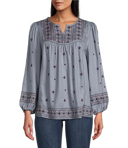 Nurture by Westbound Woven Long Sleeve Notch Neck Embroidered Top