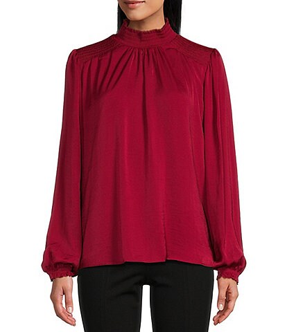 Nurture by Westbound Woven Long Sleeve Smocked Mock Neck Top
