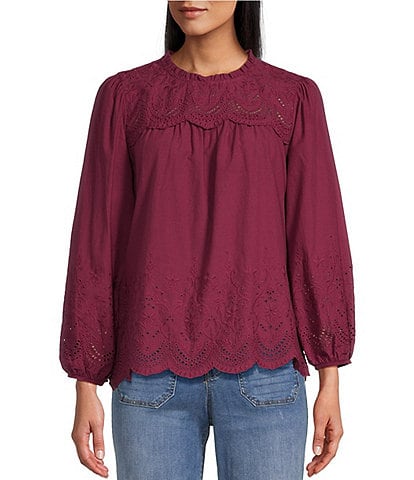 Nurture by Westbound Woven Ruffle Crew Neck Long Sleeve Eyelet Blouse