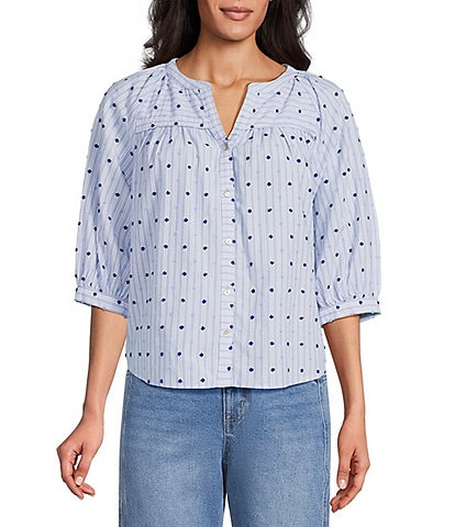 Nurture Embroidered Stripe Button Front Elbow Sleeve Y-Neck Top