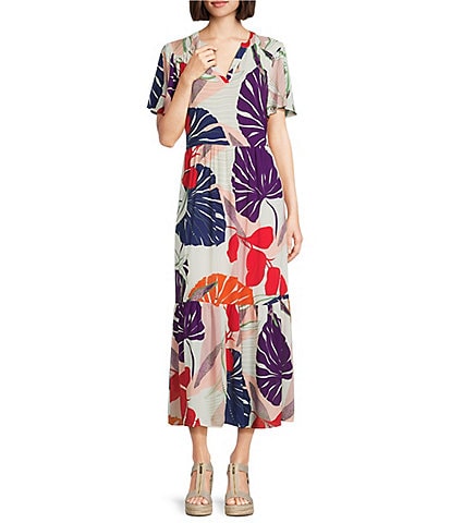 Nurture Leaf Print Short Flutter Sleeve V-Neck A-Line Maxi Dress