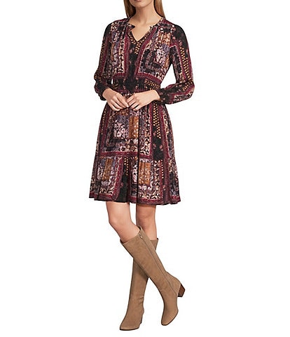 Nurture Printed Ruched Long Sleeve V-Neck Short A-Line Dress