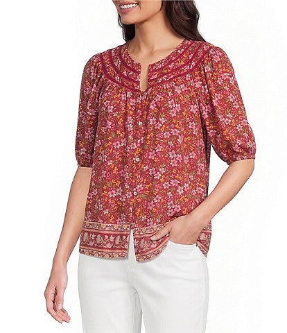 Nurture Petite Size Button Front Elbow Sleeve Y-Neck Top