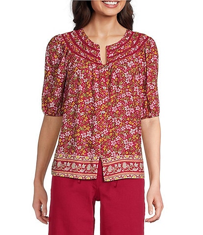 Nurture Petite Size Button Front Elbow Sleeve Y-Neck Top