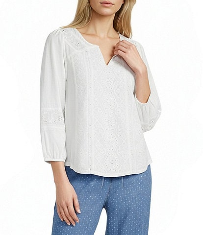 Nurture Petite Size Embroidered 3/4 Sleeve V-Neck Top