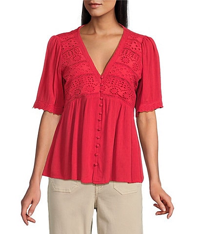Nurture Petite Size Short Sleeve Button Front V-Neck Top