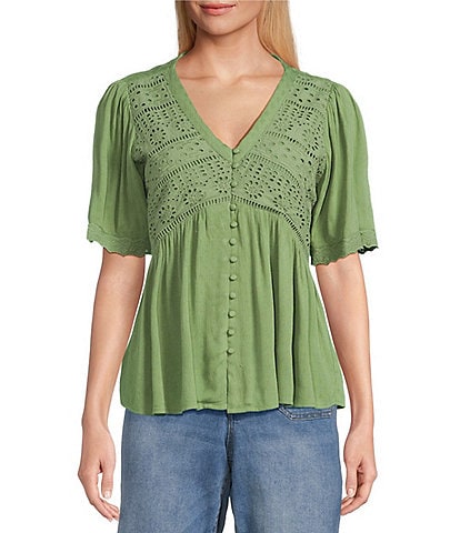Nurture Petite Size Short Sleeve Button Front V-Neck Top
