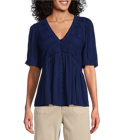 Nurture Petite Size Short Sleeve Button Front V-Neck Top