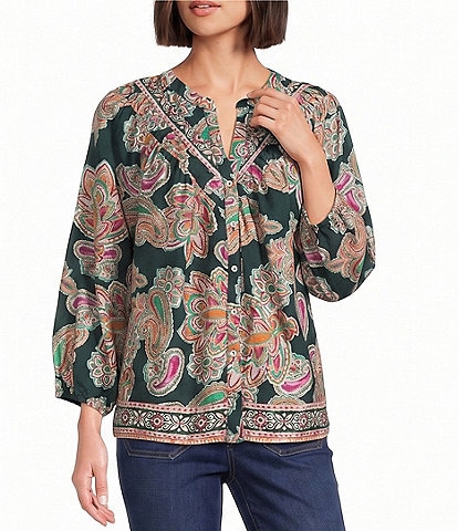 Nurture Petite Woven 3/4 Sleeve Y-Neck Button Front Top