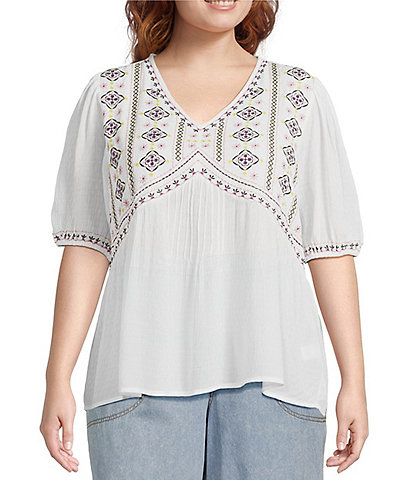 Nurture Plus Size Embroidered V-Neck Elbow Puff Sleeve Top