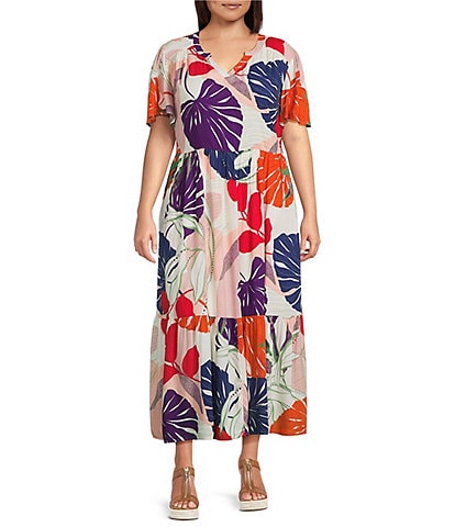 Nurture Plus Size Tropical Palm Print Short Flutter Sleeve V-Neck Maxi Dress