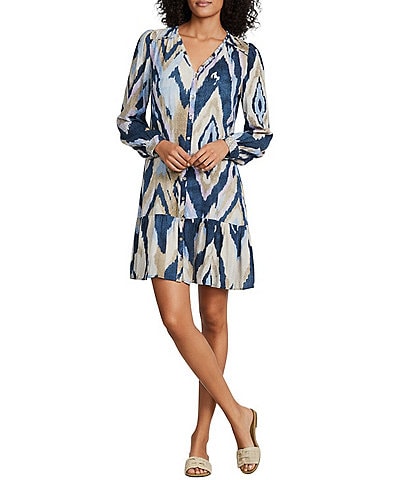 Nurture Printed Long Sleeve Button Front Ruffle Y-Neck Dress
