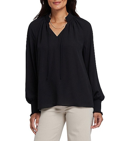 NYDJ Gemma Split V-Neck Smocked Long Sleeve Curved Hem Blouse