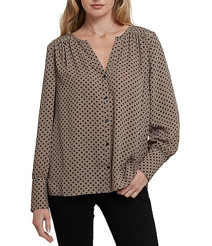 NYDJ Liliana Dot Print Split V-Neck Long Sleeve Button Front Peasant Blouse