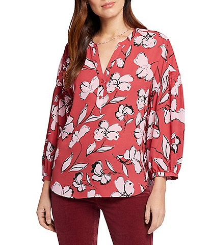 NYDJ Paulina Floral Printed Woven Split V-Neck 3/4 Sleeve Button Front Peasant Blouse
