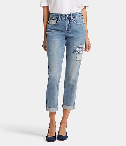 NYDJ Petite Size Margot Embroidered Patch Cropped Girlfriend Jean
