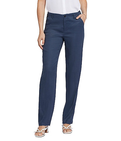 NYDJ Petite Size Solid Marilyn Stretch Linen Blend Straight Leg Pants