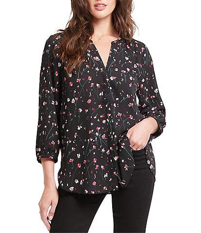 NYDJ Pintuck Woven Billowy Split Round Neckline Pleated Blouse