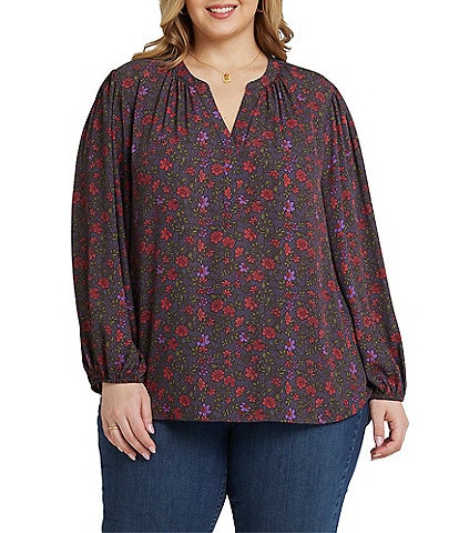 NYDJ Plus Size Ditsy Floral Print Y-Neck Long Puffed Sleeve Popover Top