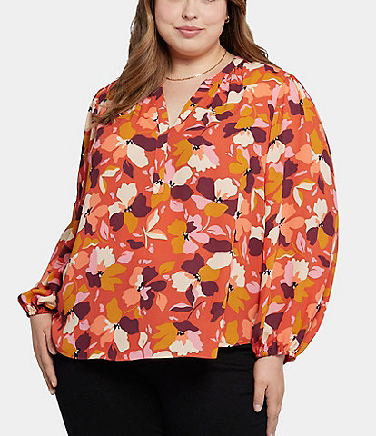 NYDJ Plus Size Floral Print Y-Neck Long Puffed Sleeve Popover Top