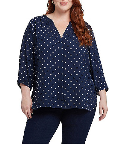 NYDJ Plus Size Indigo Dot Split Round V-Neck 3/4 Sleeve Pintuck Pleated Back Button Front Blouse