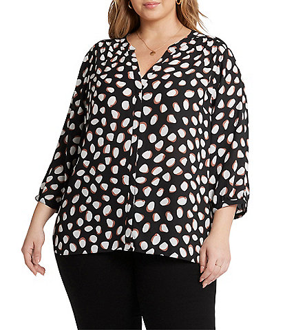 NYDJ Plus Size Matilde Dot Split V-Neck 3/4 Sleeve Pintuck Pleated Back Button Front Blouse