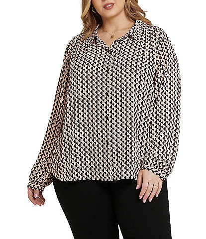 NYDJ Plus Size Modern Woven Printed Point Collar Long Sleeve Shirttail Button Front Top