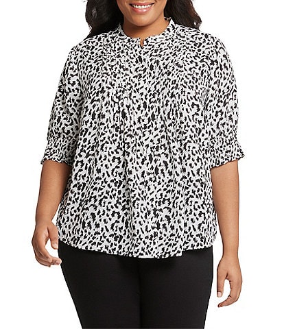 NYDJ Plus Size Printed Pleated 3/4 Smocked Cuff Sleeve Half-Button Front Blouse