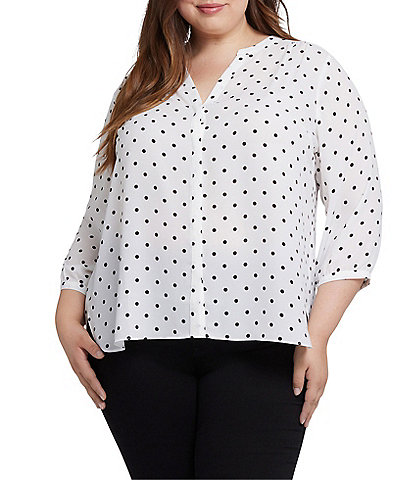 NYDJ Plus Size Stellar Dot Split V-Neck 3/4 Sleeve Pintuck Pleated Back Button Front Blouse