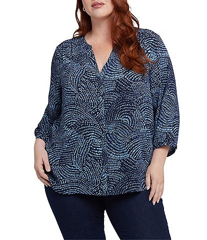 NYDJ Plus Size Stormy Nights Split V-Neck 3/4 Sleeve Pintuck Pleated Back Button Front Blouse