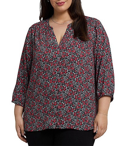 NYDJ Plus Size Woven Los Rosales Split Round V-Neck 3/4 Sleeve Pintuck Blouse