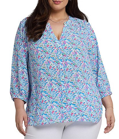 NYDJ Plus Size Woven Serafia Split Round V-Neck 3/4 Sleeve Pintuck Blouse