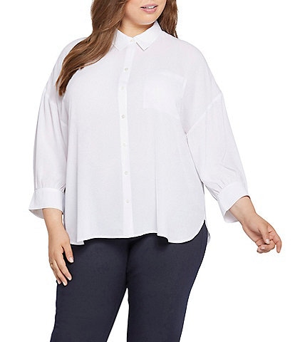 NYDJ Plus Size Zoey Point Collar 3/4 Sleeve Shirttail Hem Button Front Blouse