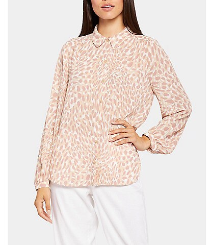 NYDJ Printed Woven Point Collar Long Sleeve Button Front Modern Blouse