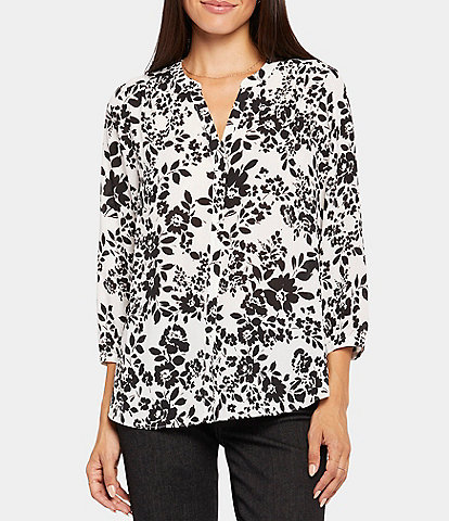 NYDJ Printed Y-Neck 3/4 Sleeve Button Front Woven Pintuck Blouse