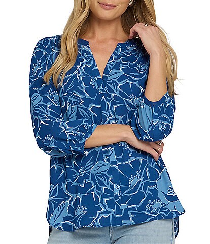 NYDJ Split Round Neck 3/4 Sleeves Pintuck Blouse