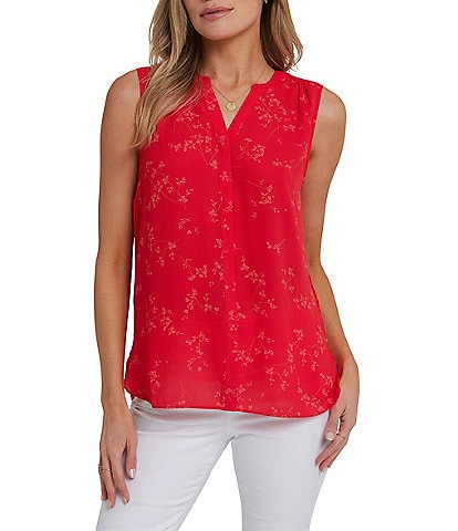 NYDJ Woven Floral Print Sleeveless Inverted Pleat Mandarin Collar Pintuck Blouse