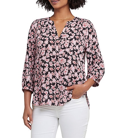 NYDJ Woven Floral Printed Split V-Neck Button Front 3/4 Sleeve Blouse