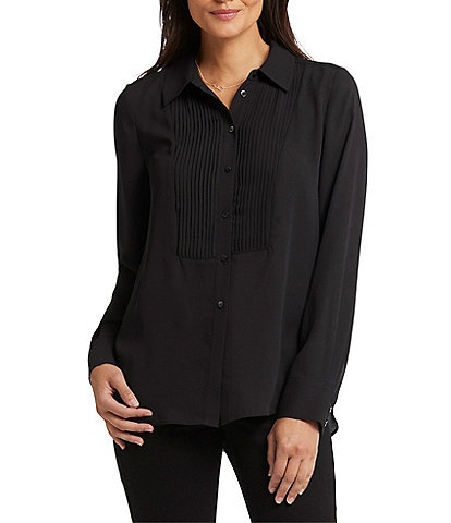NYDJ Woven Point Collar Long Sleeve Tuxedo Blouse