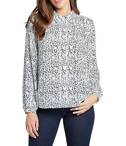 NYDJ Woven Printed Point Collar Long Sleeve Blouse
