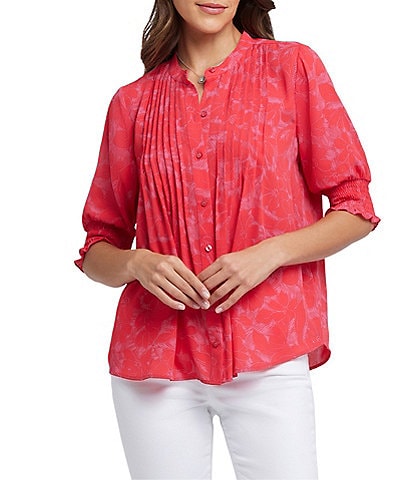 NYDJ Woven Printed Round Neck Pleated Short Smocked Sleeve Top