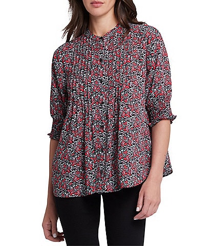 NYDJ Woven Floral Printed Round Neck Short Smocked Sleeve Top