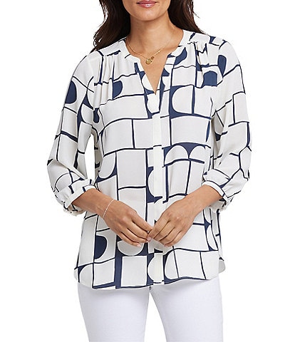 NYDJ Woven Geometric Printed Split V-Neck Button Front 3/4 Sleeve Blouse