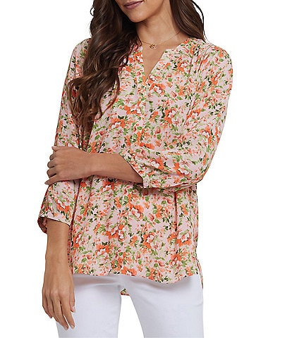 NYDJ Woven Printed Split V-Neck Button Front 3/4 Sleeve Blouse