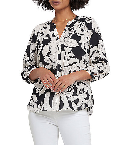 NYDJ Woven Printed Split V-Neck Button Front 3/4 Sleeve Blouse