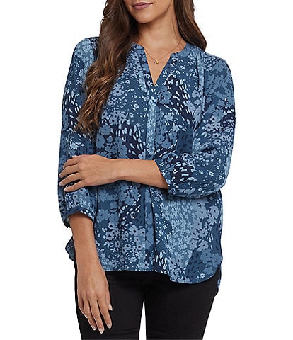 NYDJ Woven Printed Split V-Neck Button Front 3/4 Sleeve Blouse